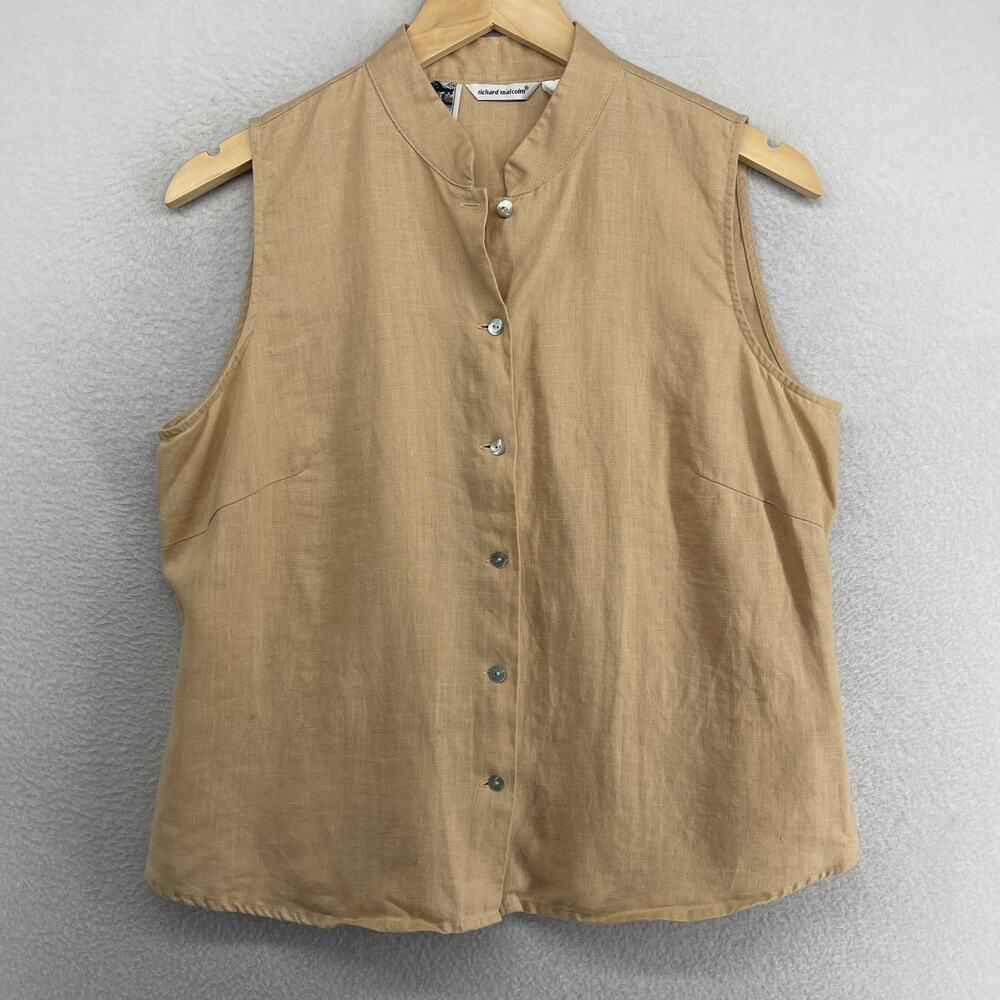 RICHARD MALCOLM Shirt Women L Irish Linen Sleeveless Mandarin Button Up Beige